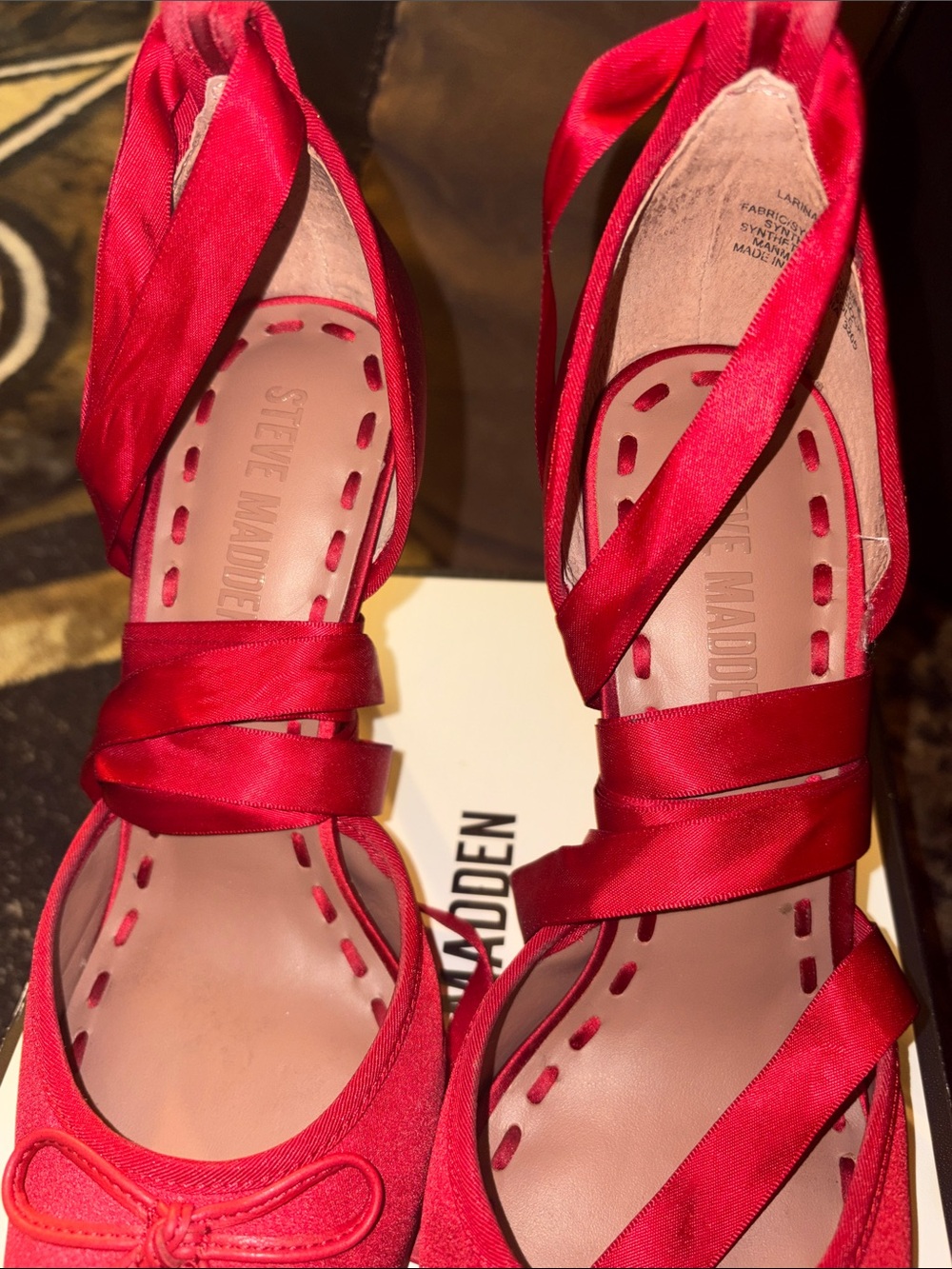 Steve Madden Red Satin Ankle Tie Ballet Pumps - Picture 3 of 10